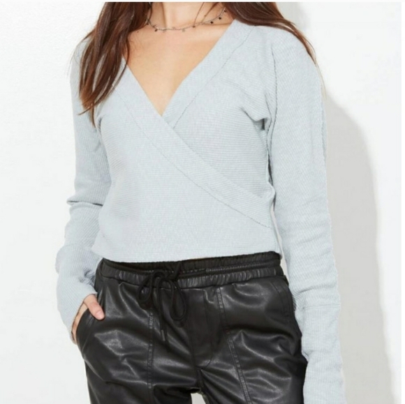 NEW Free People Faux Wrap Ribbed Jersey Lupine Top Thermal Knit Bohemian Spring - Picture 1 of 15